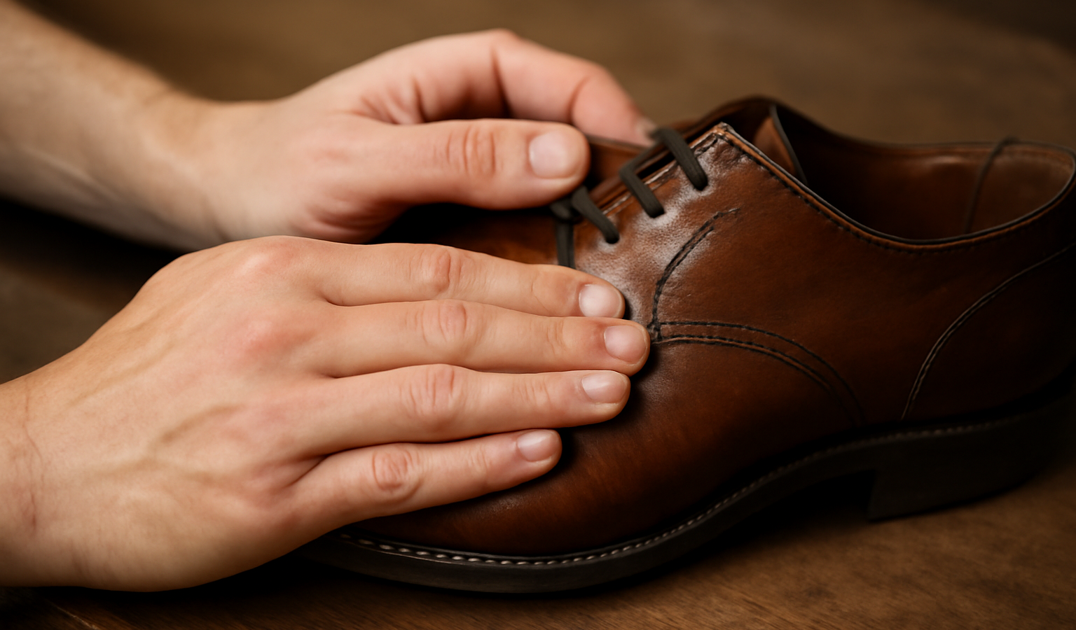 mains massant cuir d'une chaussure
