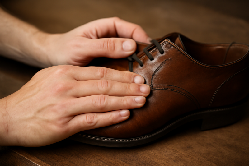 mains massant cuir d'une chaussure