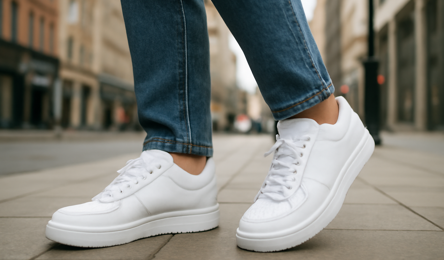 personne marchant en baskets blanches en ville