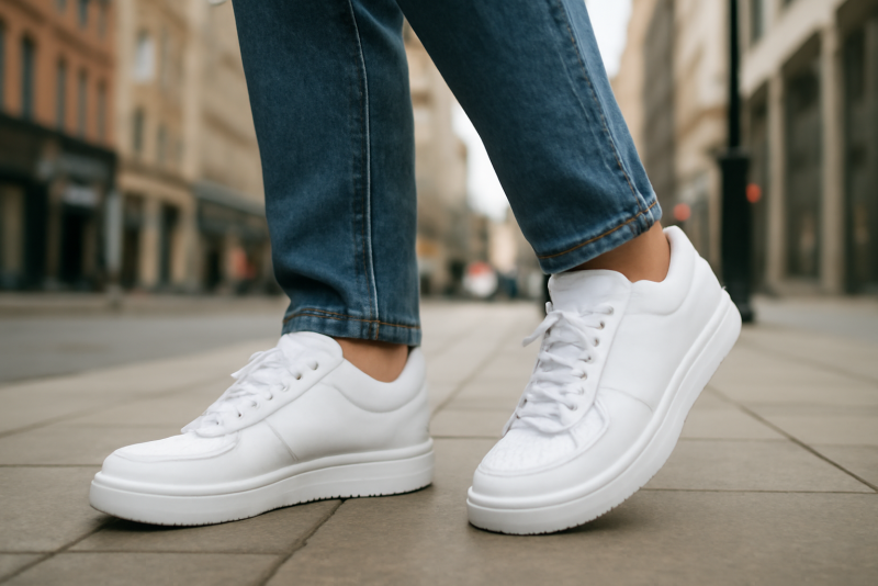 personne marchant en baskets blanches en ville