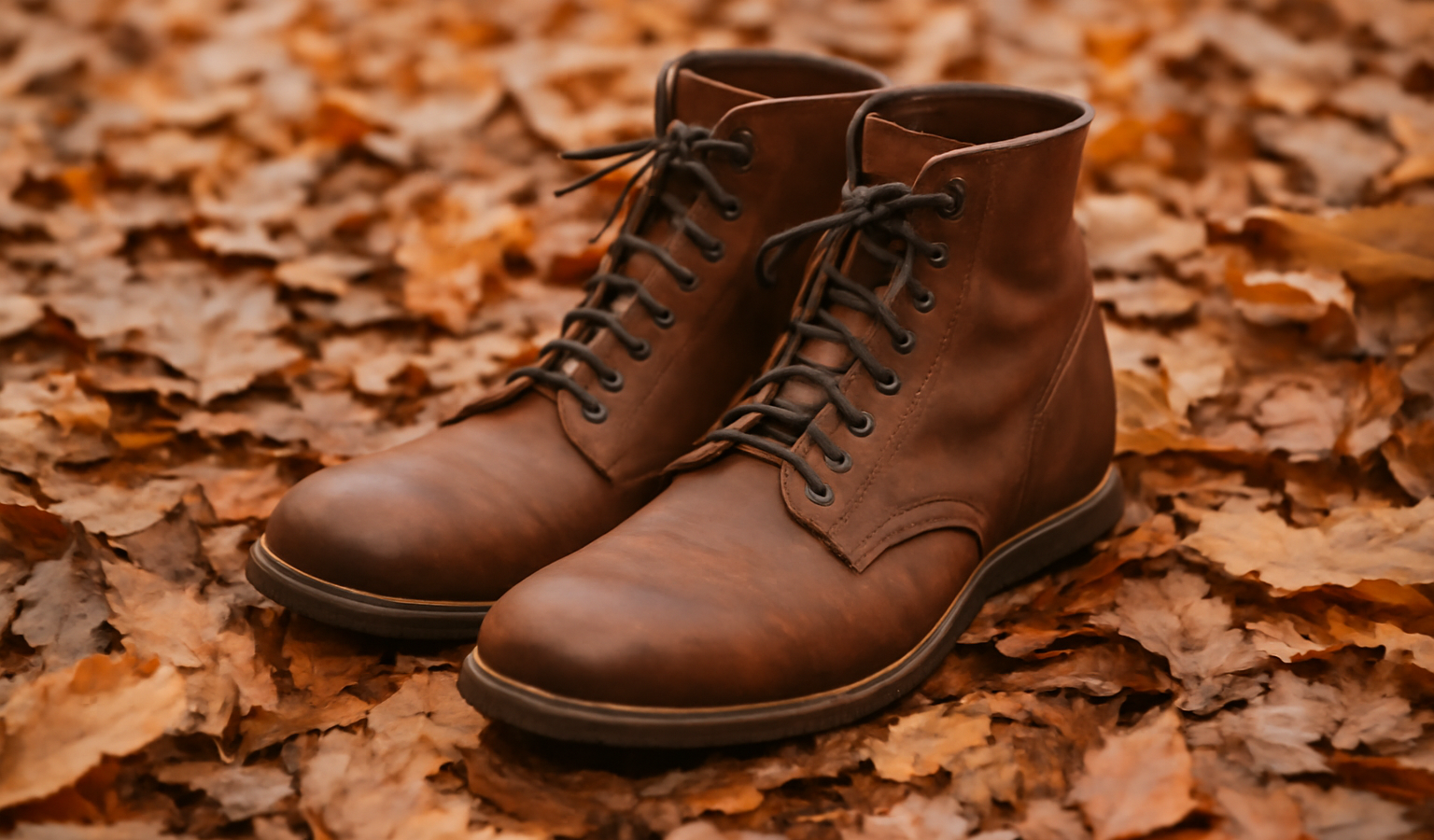 bottes posees sur tapis de feuilles