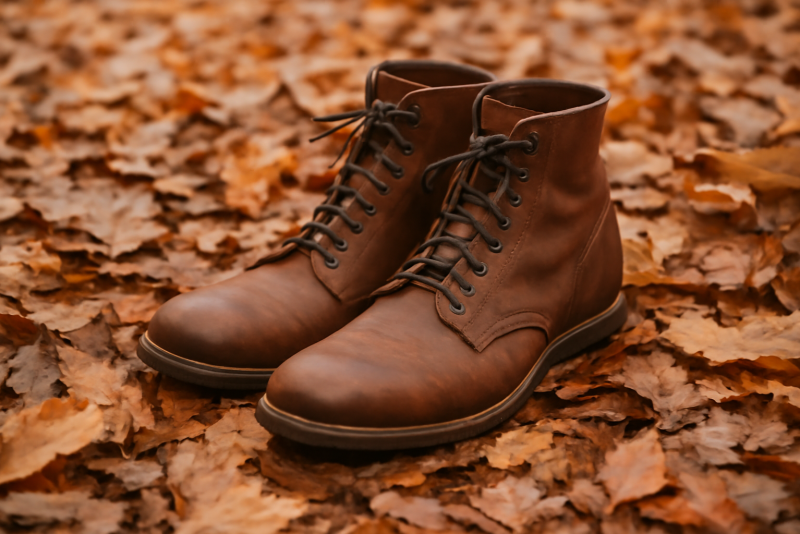 bottes posees sur tapis de feuilles