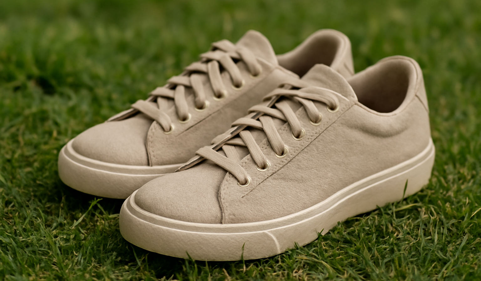 paire de sneakers durables posees sur herbe