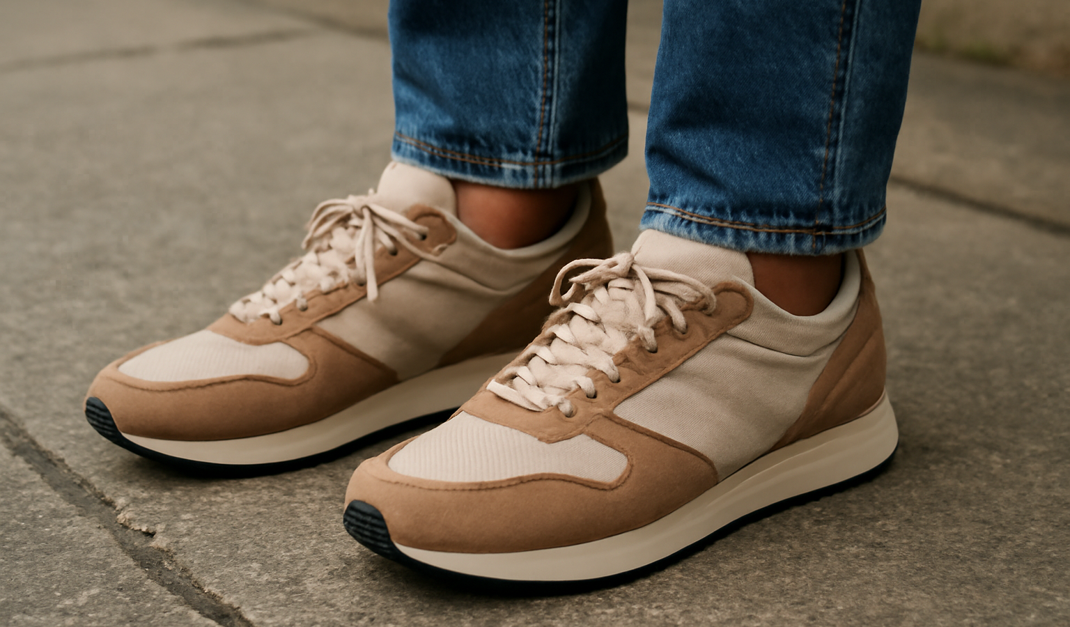 personne portant sneakers retro sur trottoir