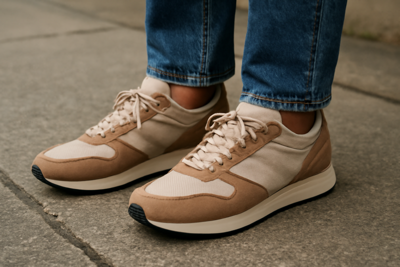 personne portant sneakers retro sur trottoir