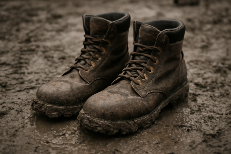 bottes robustes posées sur sol boueux