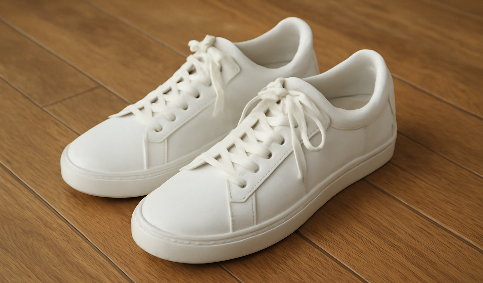 sneakers blanches posees sur plancher en bois
