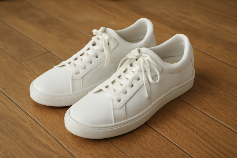 sneakers blanches posees sur plancher en bois