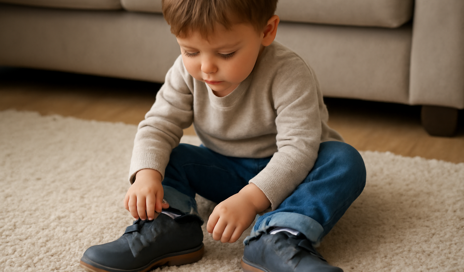 enfant essayant une paire de chaussures sur tapis