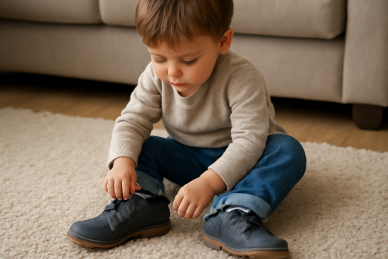 enfant essayant une paire de chaussures sur tapis