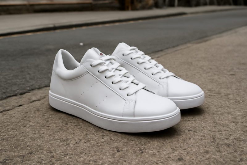 paire de baskets blanches sur sol urbain