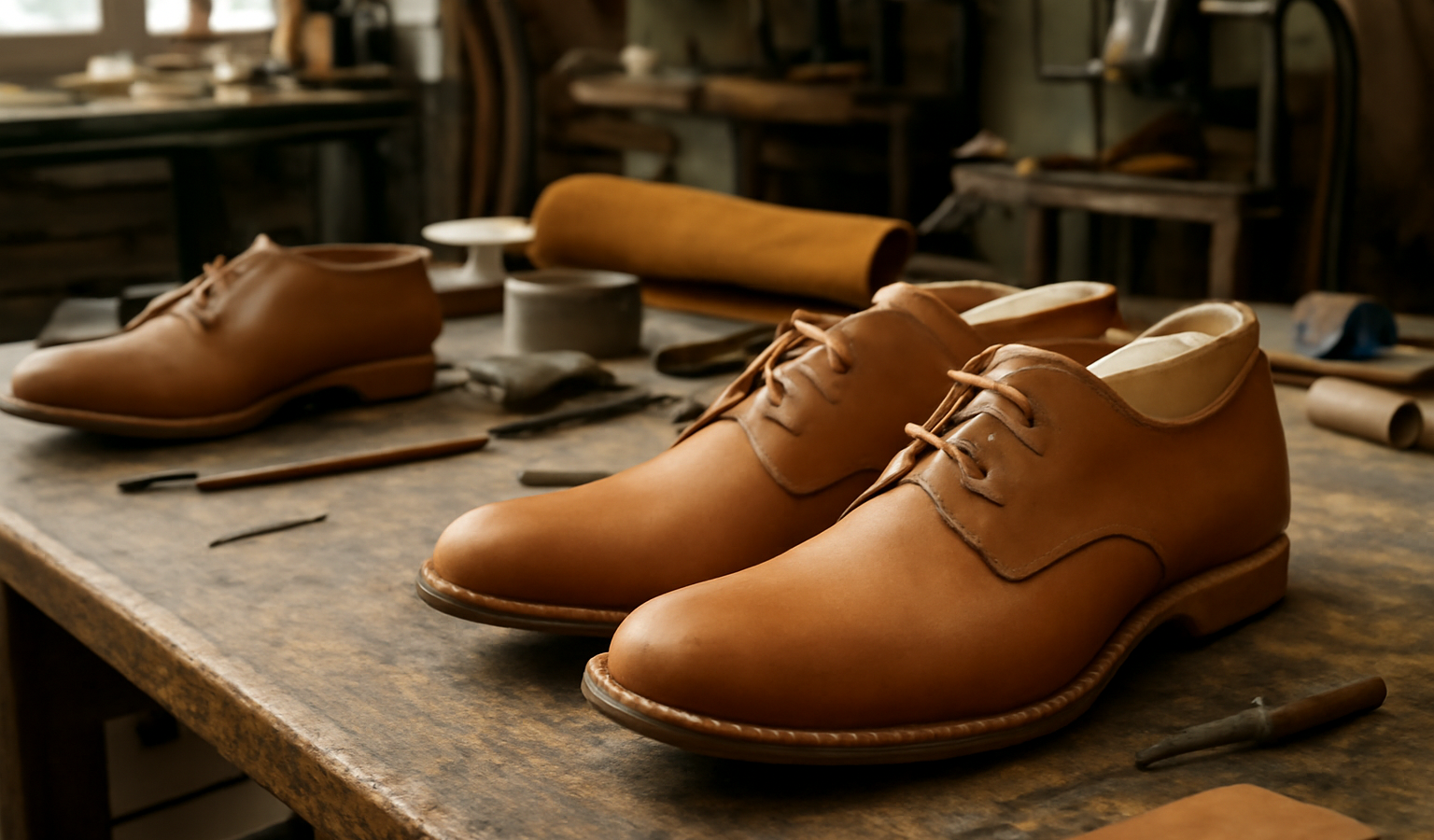 ateliers artisanaux avec chaussures en cours fabrication