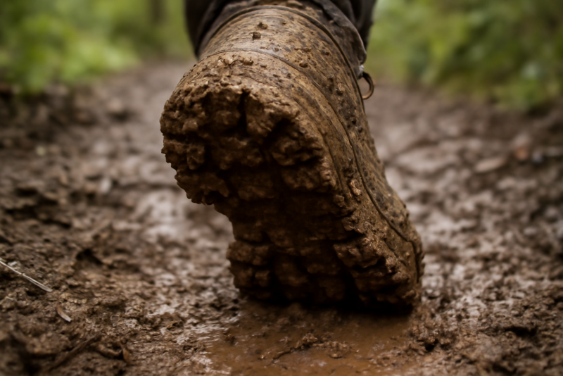 semelle crantee pleine de boue sur sentier