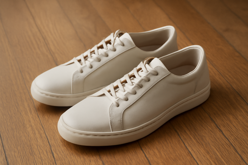 chaussures minimalistes posees sur sol en bois