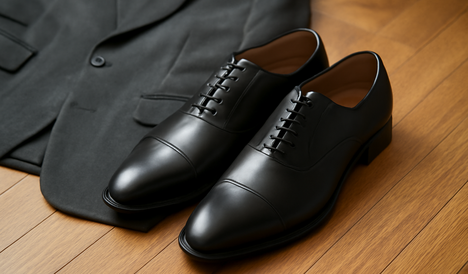 paire de chaussures habillées pres d'un costume