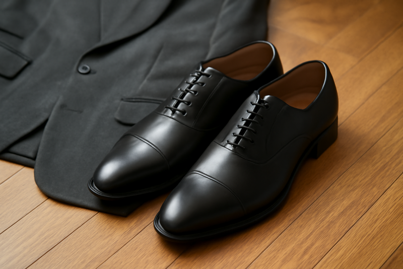 paire de chaussures habillées pres d'un costume