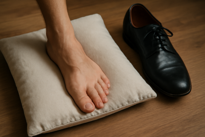 pied posé sur coussin avec chaussure à côté