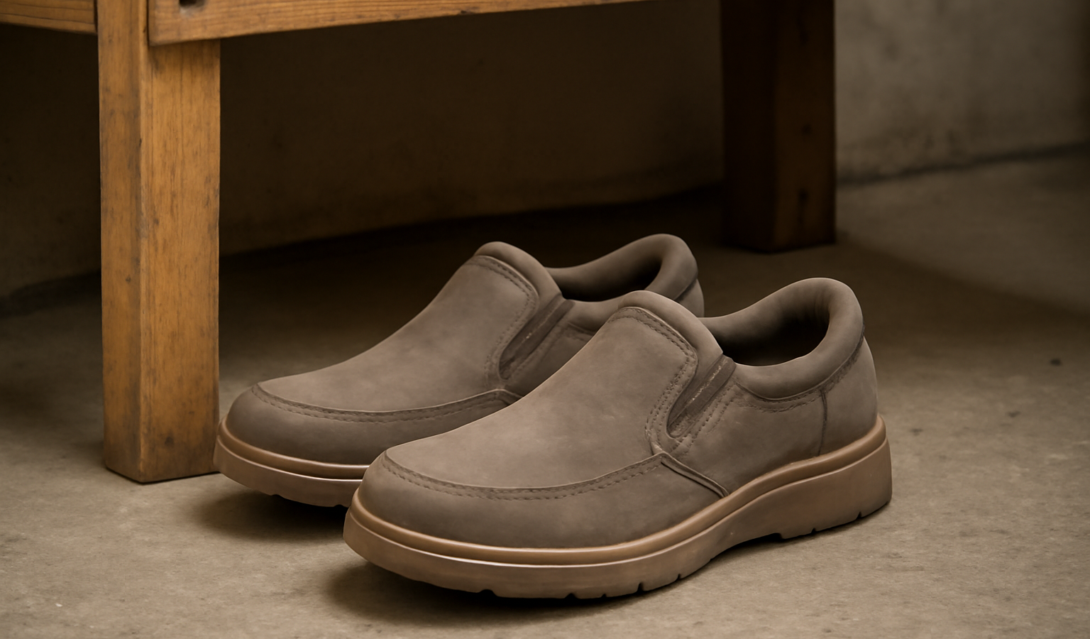 chaussures confort posées sous un établi