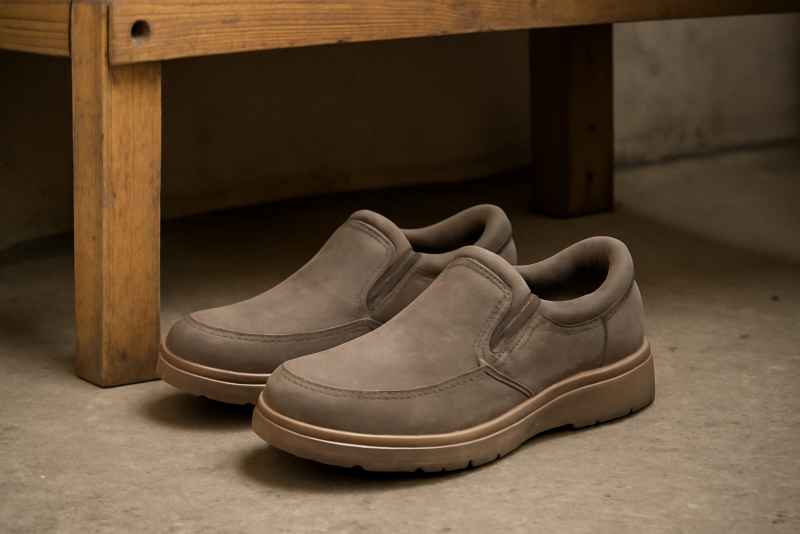 chaussures confort posées sous un établi