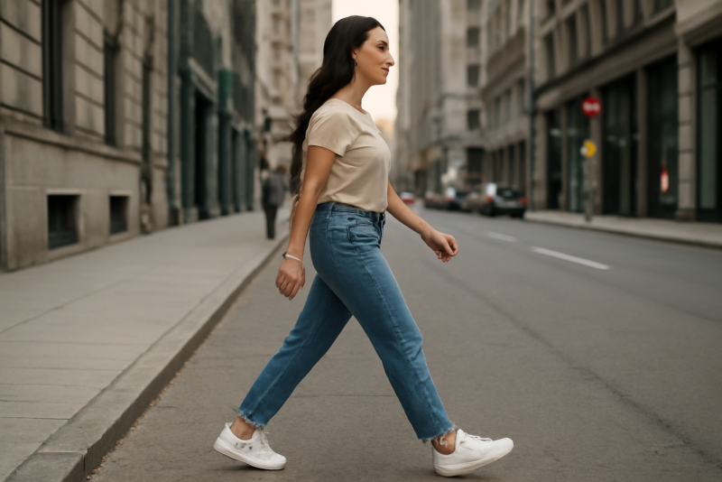 femme marchant en baskets blanches en ville