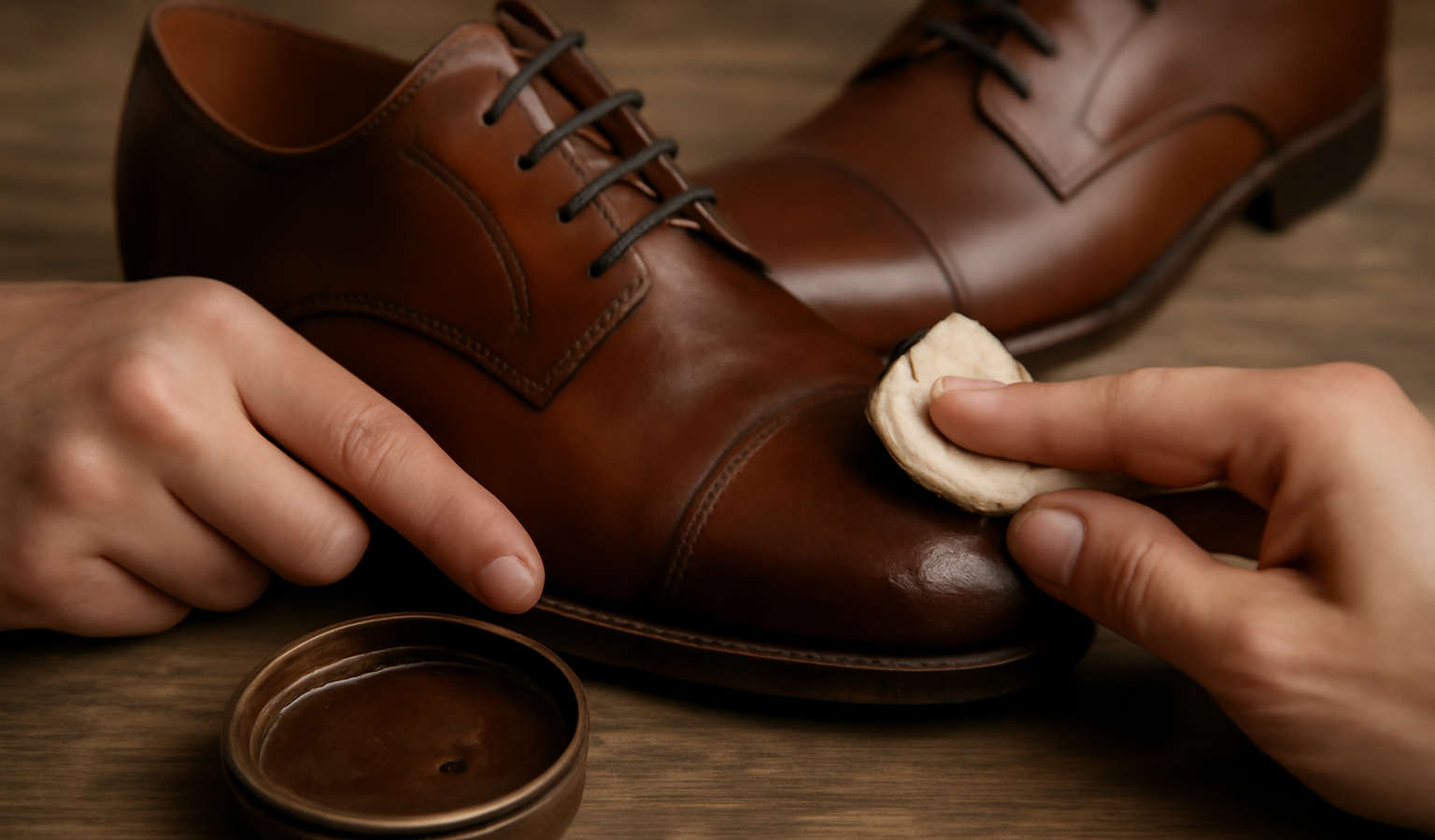 mains cirant paire de chaussures en cuir végétal