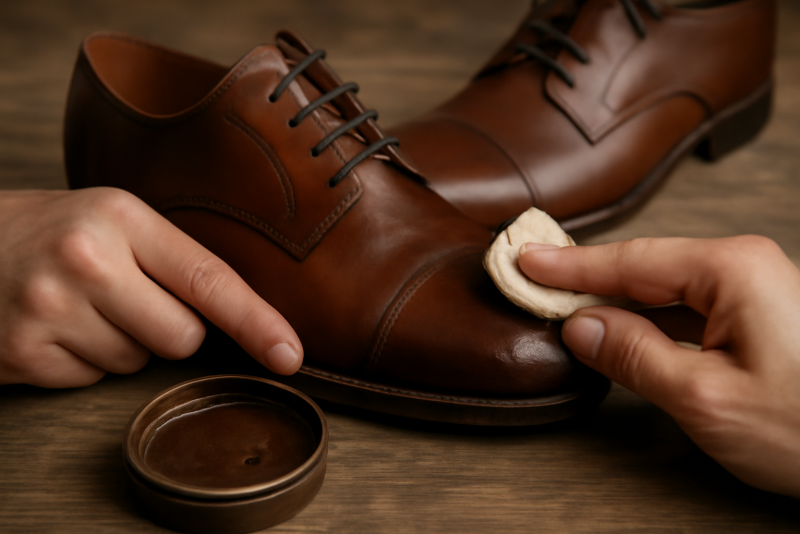 mains cirant paire de chaussures en cuir végétal