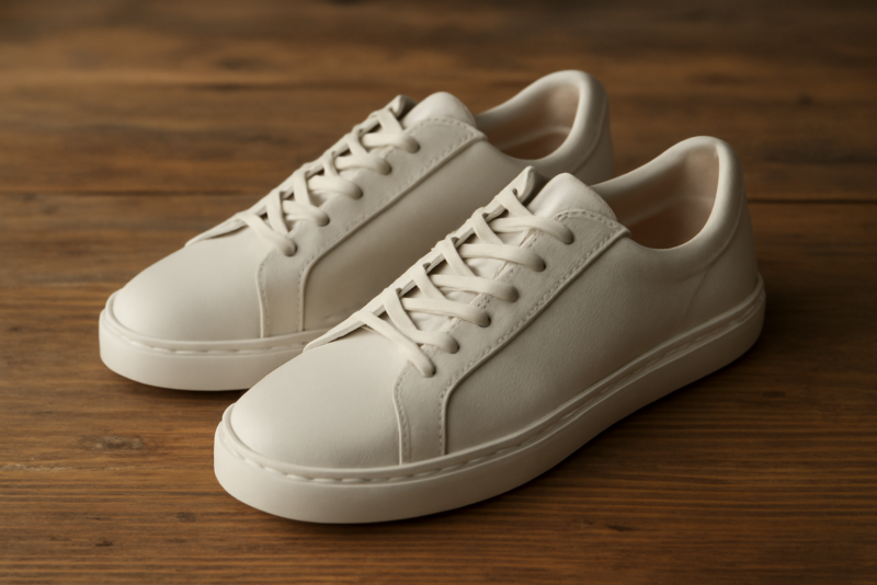 paire de baskets minimalistes sur table bois