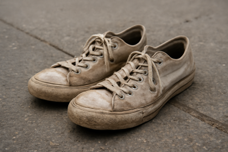paire de baskets basses usees sur trottoir