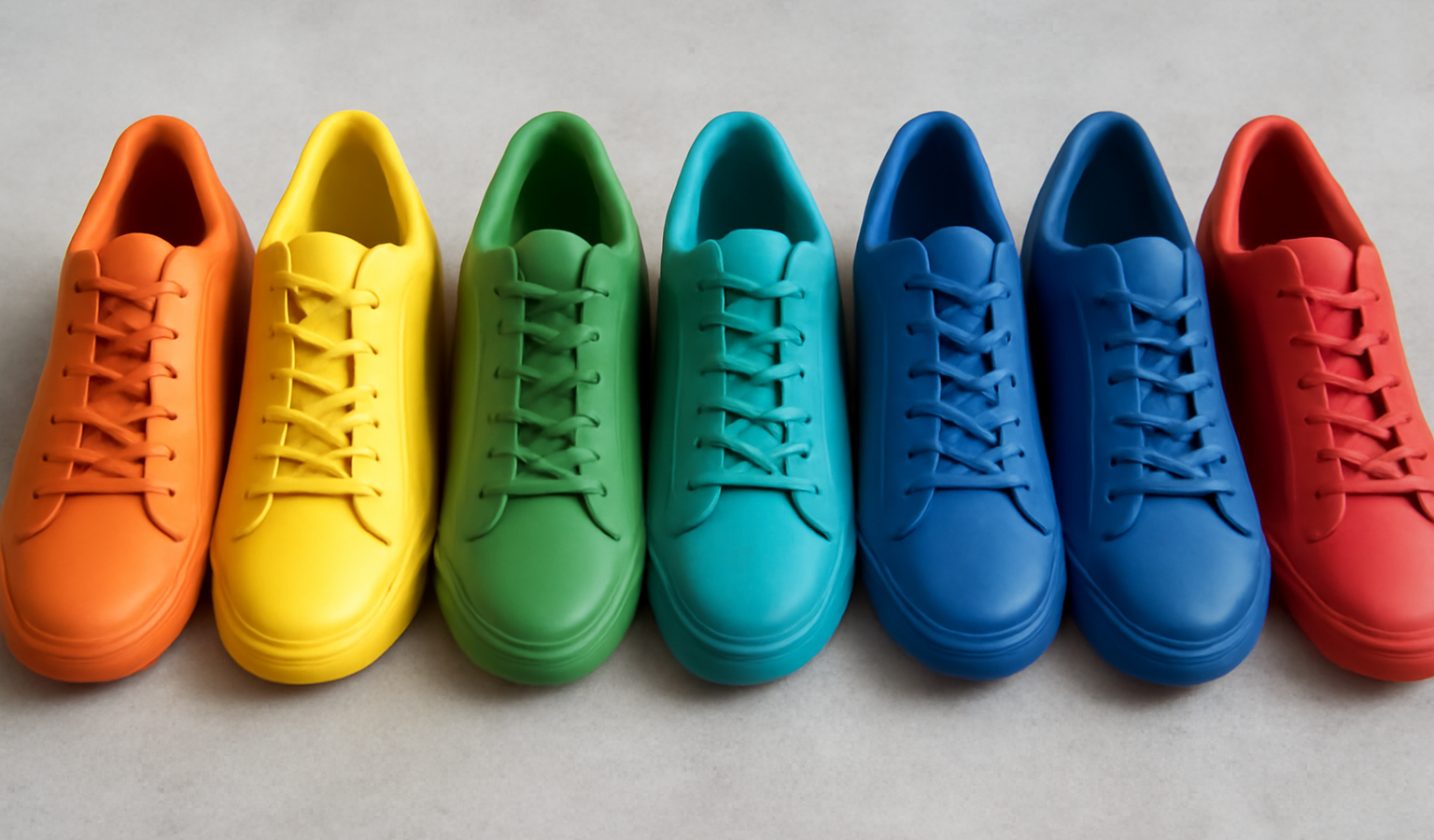 plusieurs paires de chaussures aux couleurs vives alignées