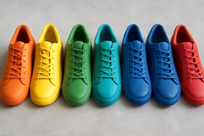 plusieurs paires de chaussures aux couleurs vives alignées