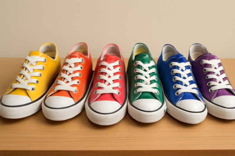 rangée de chaussures colorées sur table