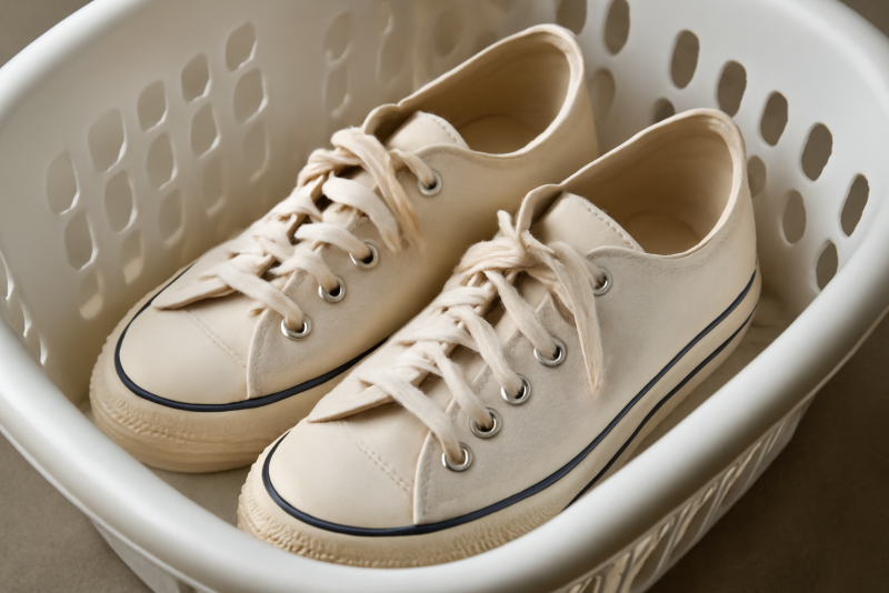 chaussures en toile dans panier de lavage