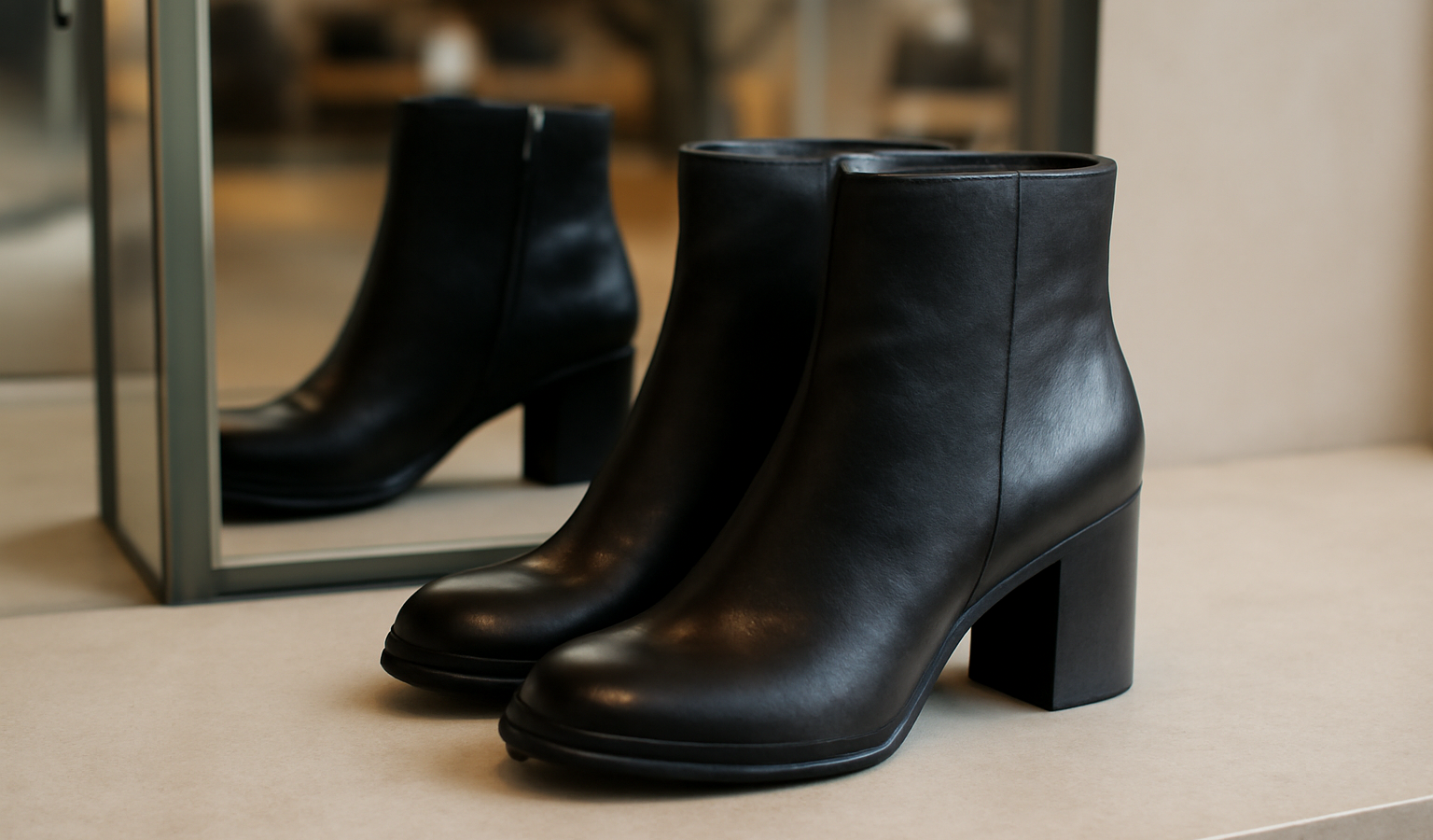 bottines posées devant miroir de boutique