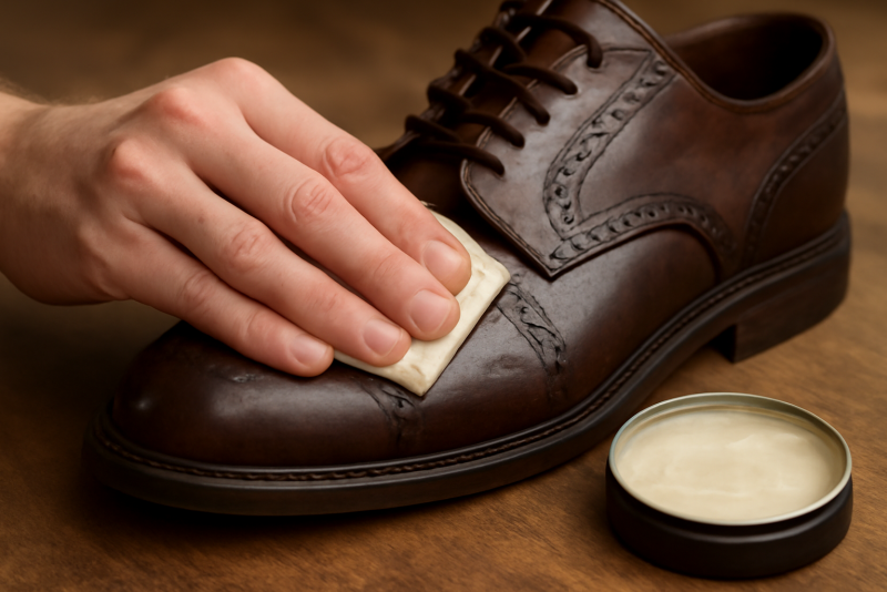 mains appliquant cire sur chaussure en cuir