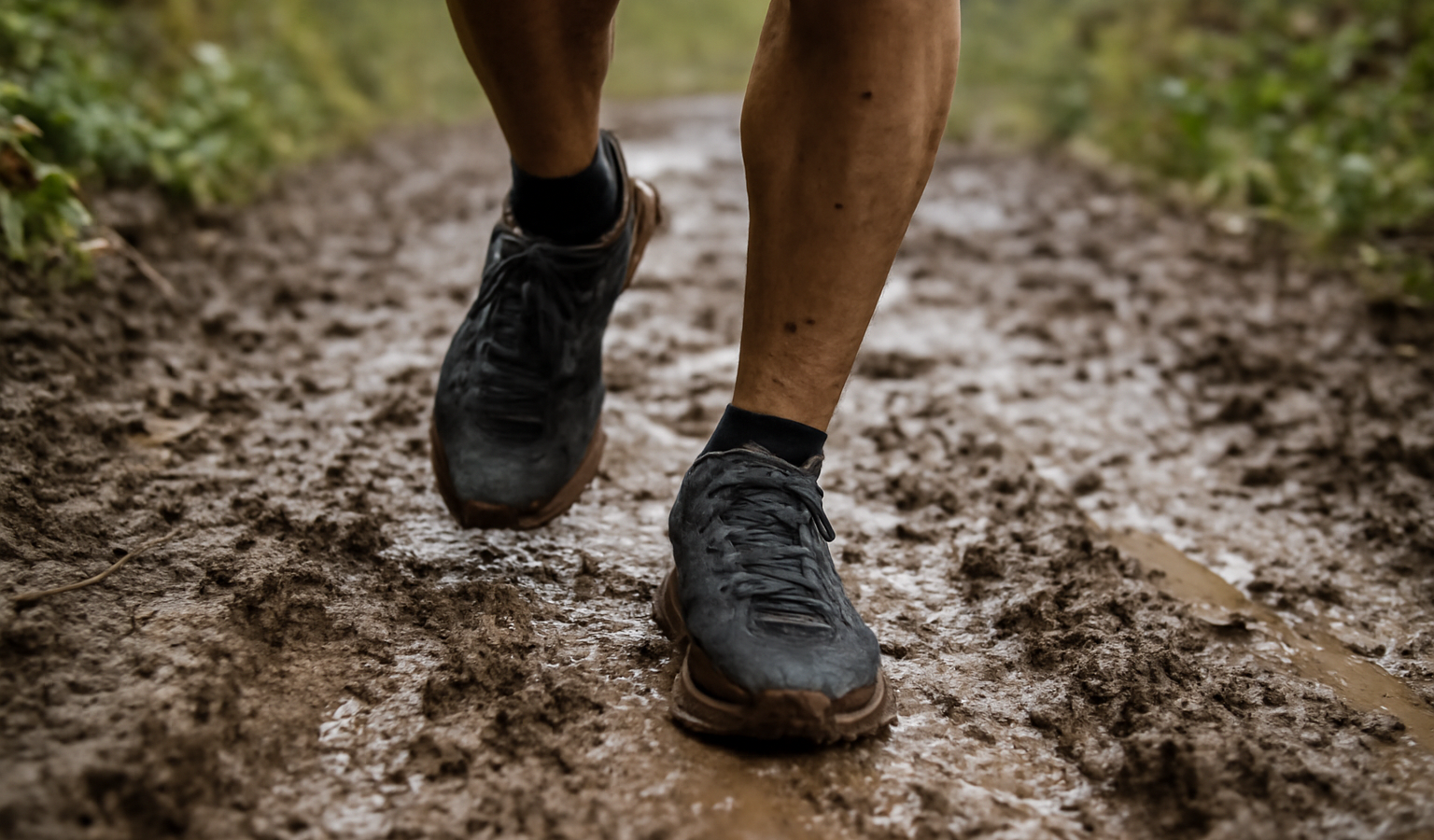 sentier boueux avec coureur en chaussures