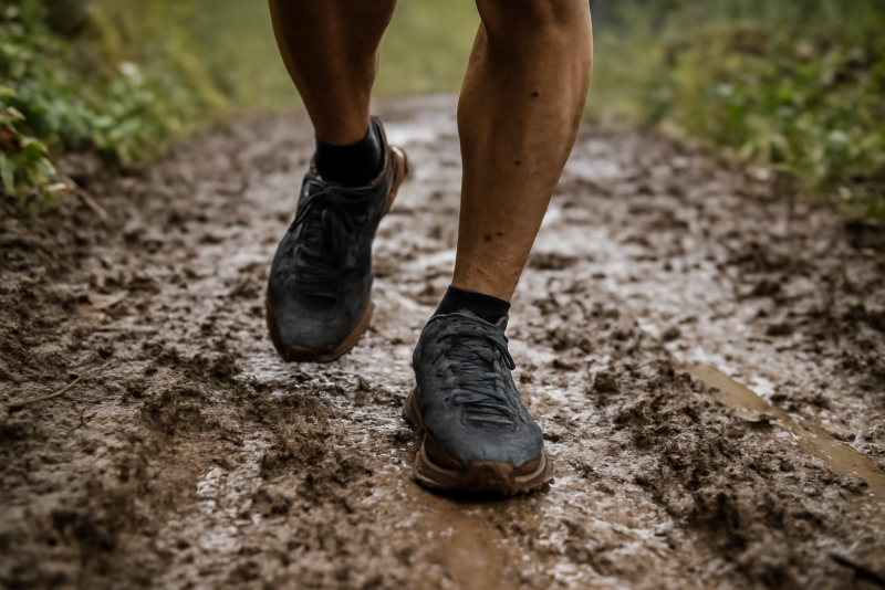 sentier boueux avec coureur en chaussures