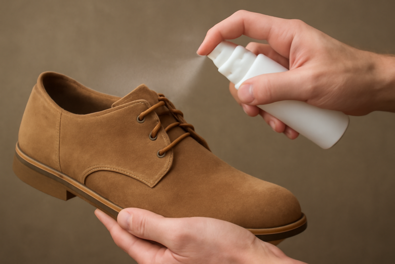 mains appliquant spray sur daim posé