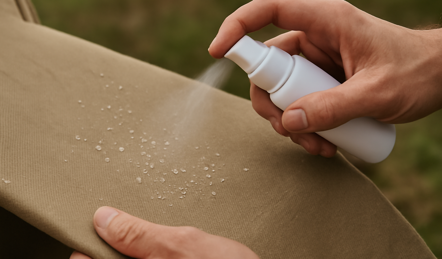 mains appliquant spray imperméabilisant sur toile