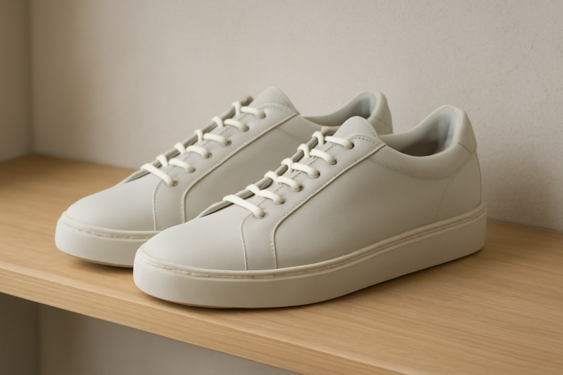 paire de baskets minimalistes posée sur etagere