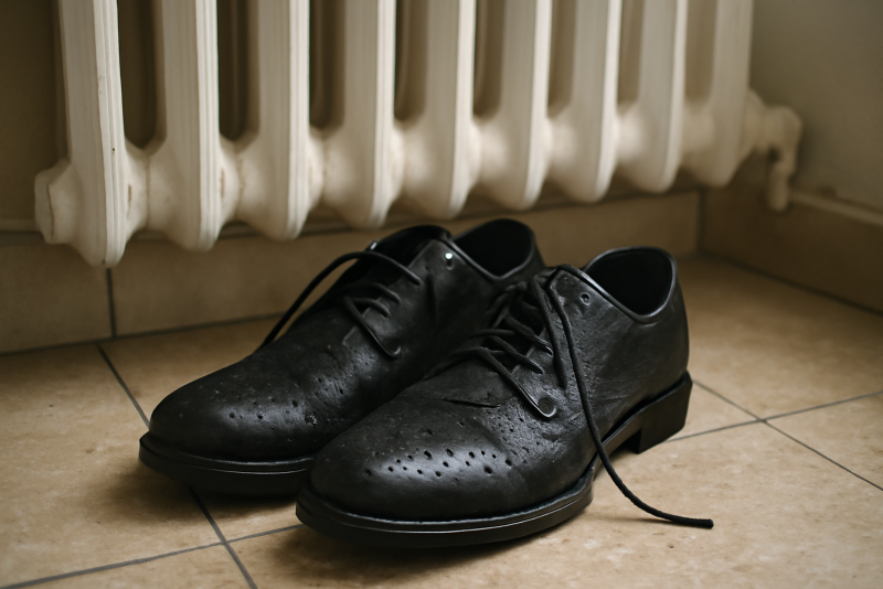 paire de chaussures humide près d'un radiateur