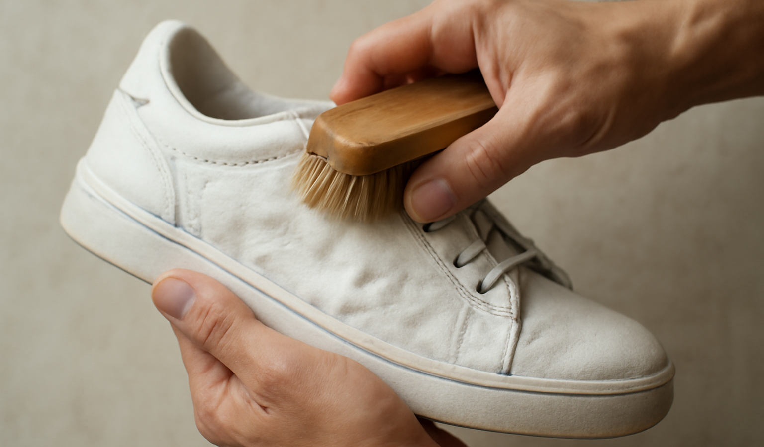 mains frottant une basket blanche avec brosse