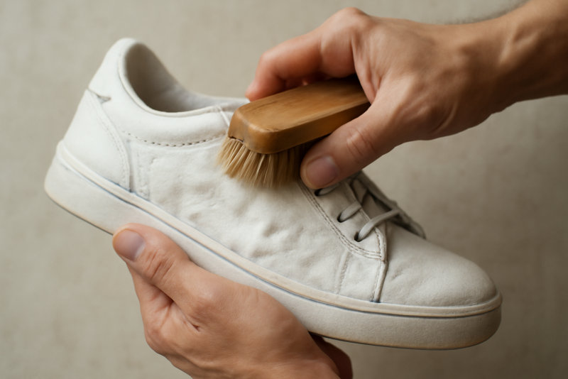 mains frottant une basket blanche avec brosse