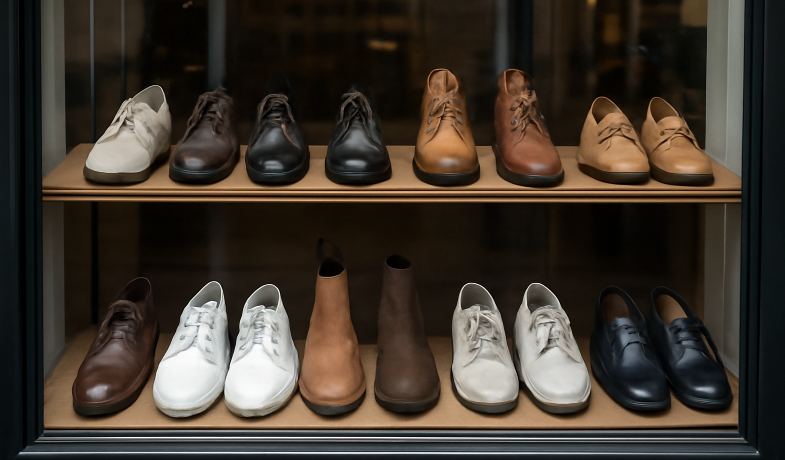 vitrine avec paires de chaussures variées