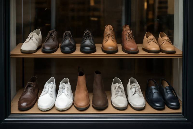 vitrine avec paires de chaussures variées