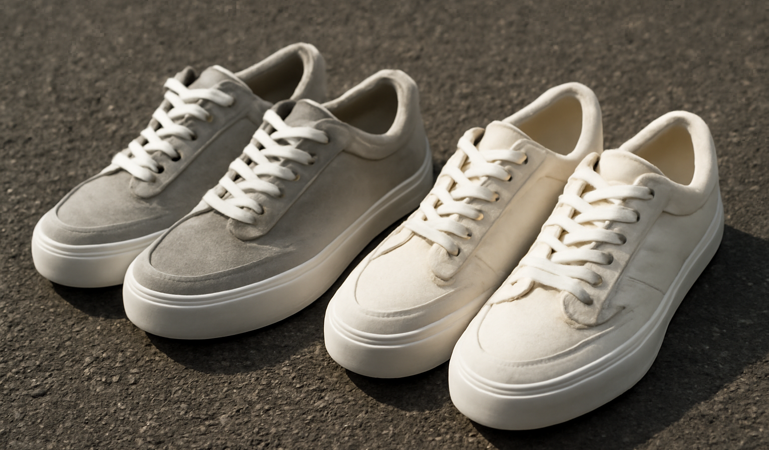 deux paires de baskets posées sur bitume