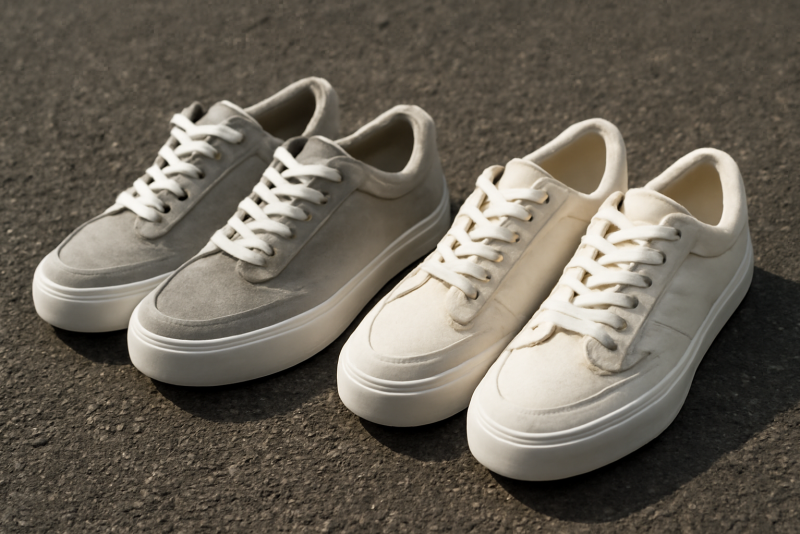 deux paires de baskets posées sur bitume