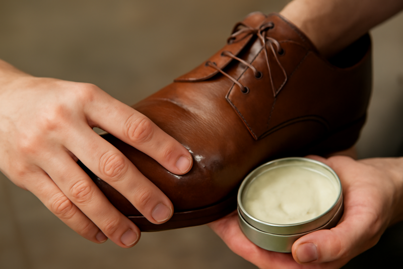 mains appliquant creme sur cuir de chaussure