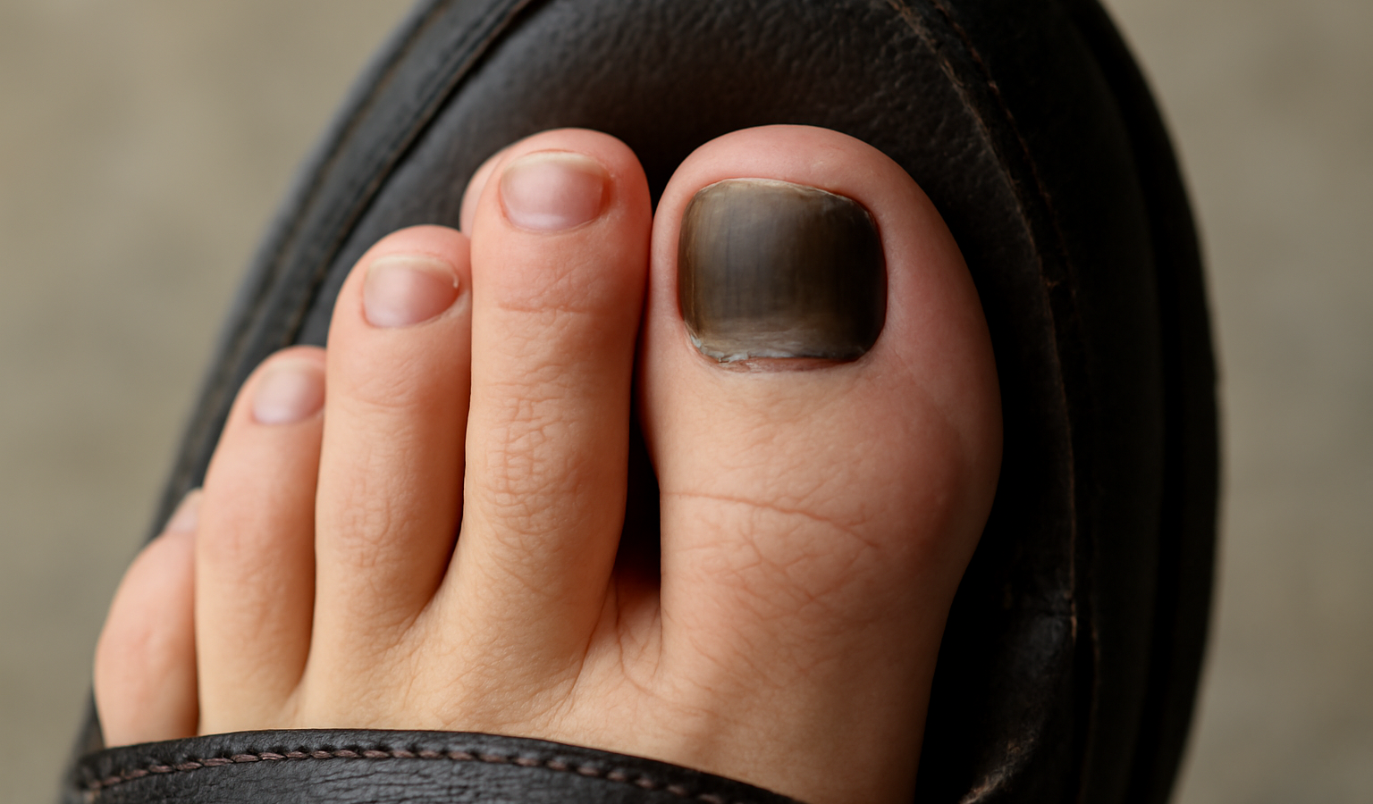 gros plan orteils avec ongle sombre dans chaussure