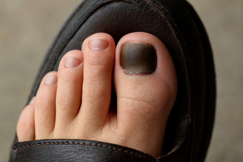 gros plan orteils avec ongle sombre dans chaussure