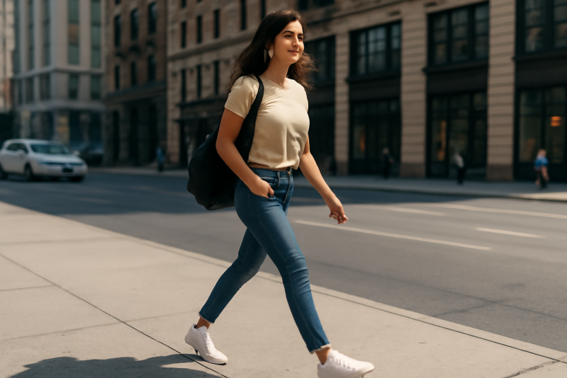 femme marchant en baskets blanches en ville